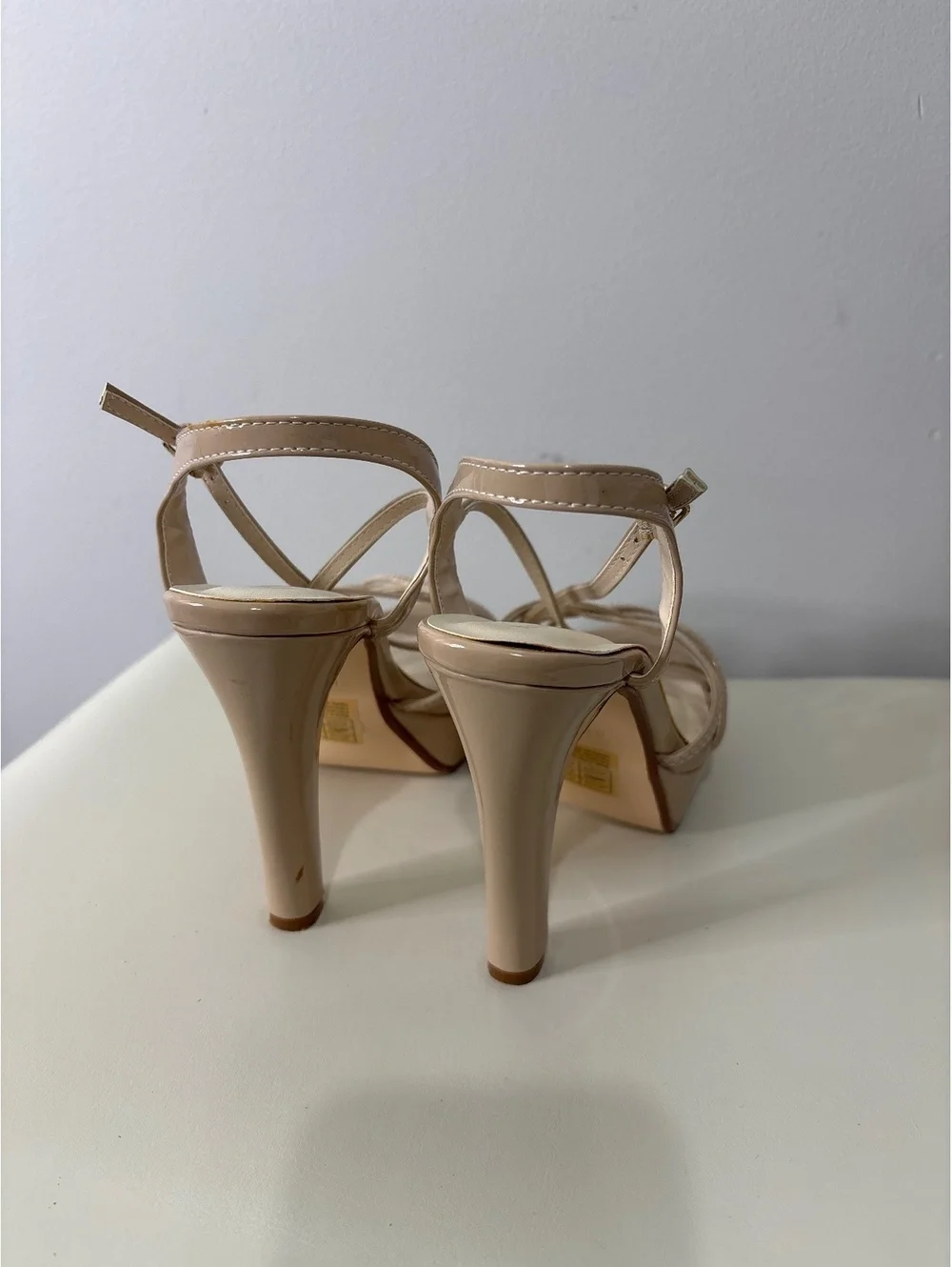 Beige Patent Leather High Heel Platform Sandals with Strappy Design